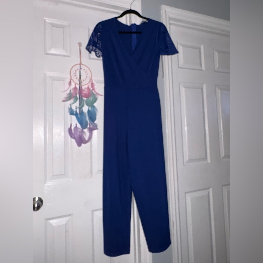 Women's Royal Blue V-Neck Lace Sleeve Jumpsuit